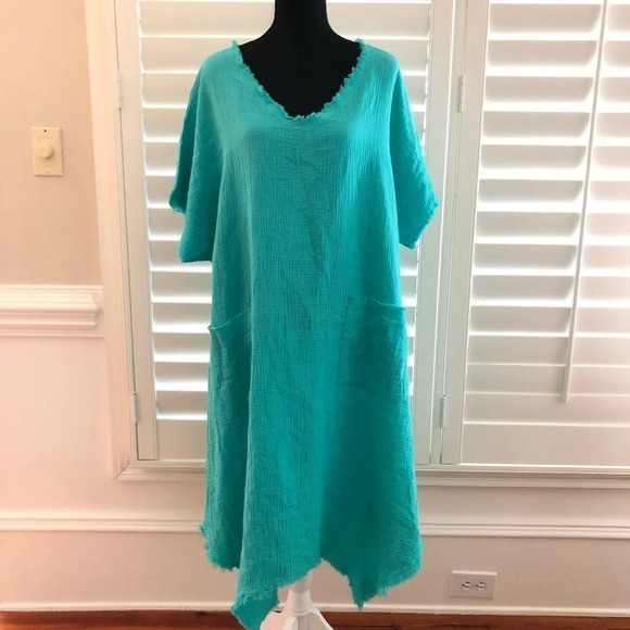NWT Ashley Stewart Size 14/16 Gauzy V Neck Turquoise Swim Cover Up Dress Casual - Picture 1 of 7